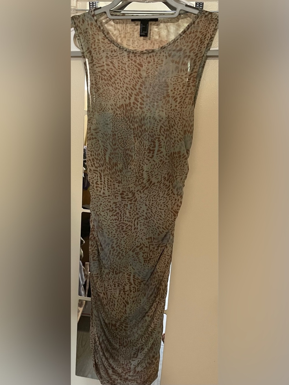 Forever 21 size S Womens Brown/Beige Sheer Animal Print Dress, ruching on sides
